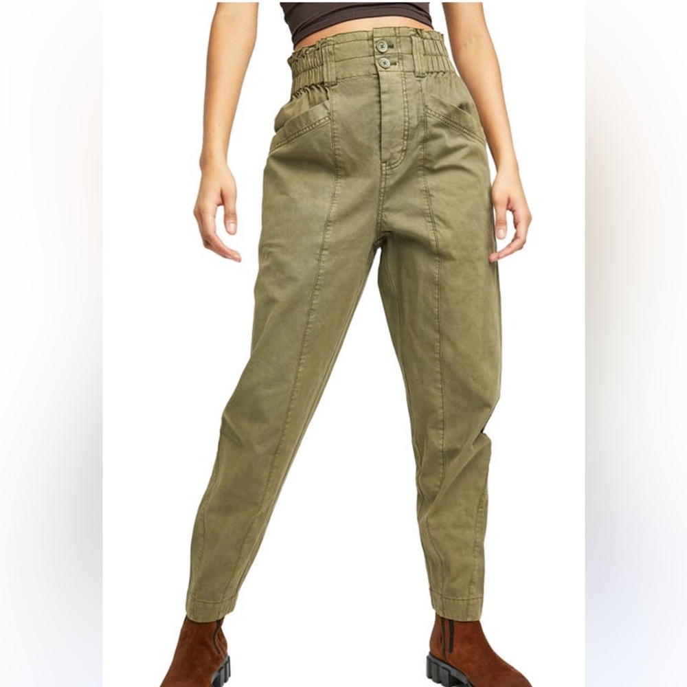 Free People Ready To Run Cinch Waist Pants in Dirty olive 100% cotton L‎ NWT
